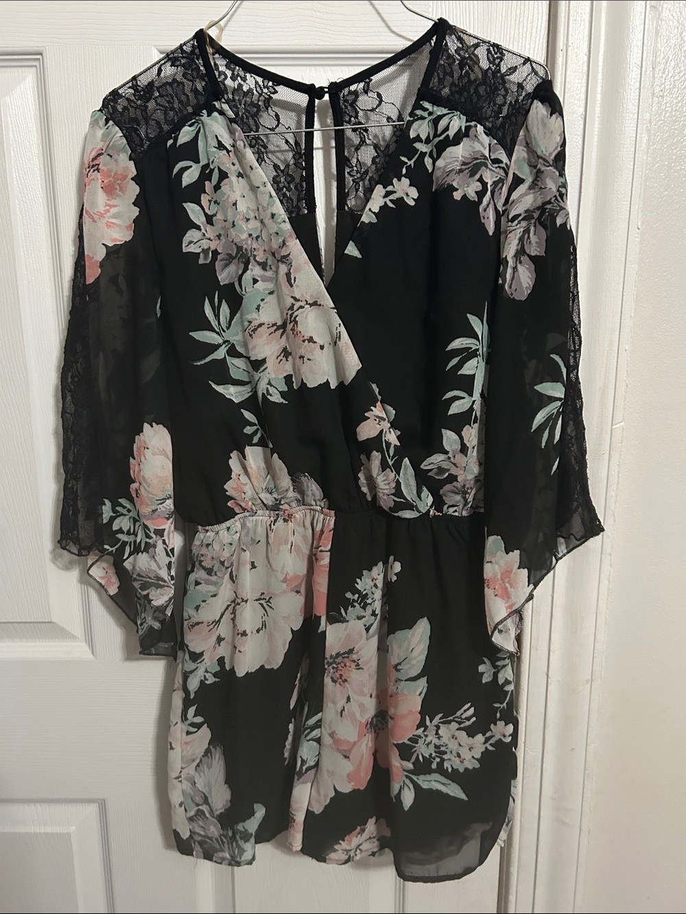 Charlotte Russe Black Floral Lace Wrap Romper